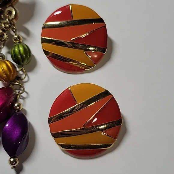 Multicolor Floral Leaf Drop Earrings and Enamel Stud Set - Women Jewelry - Picture 4 of 7